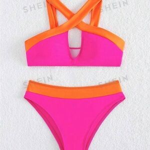 Brand new never worn SHEIN color block hot pink and orange bikini set.